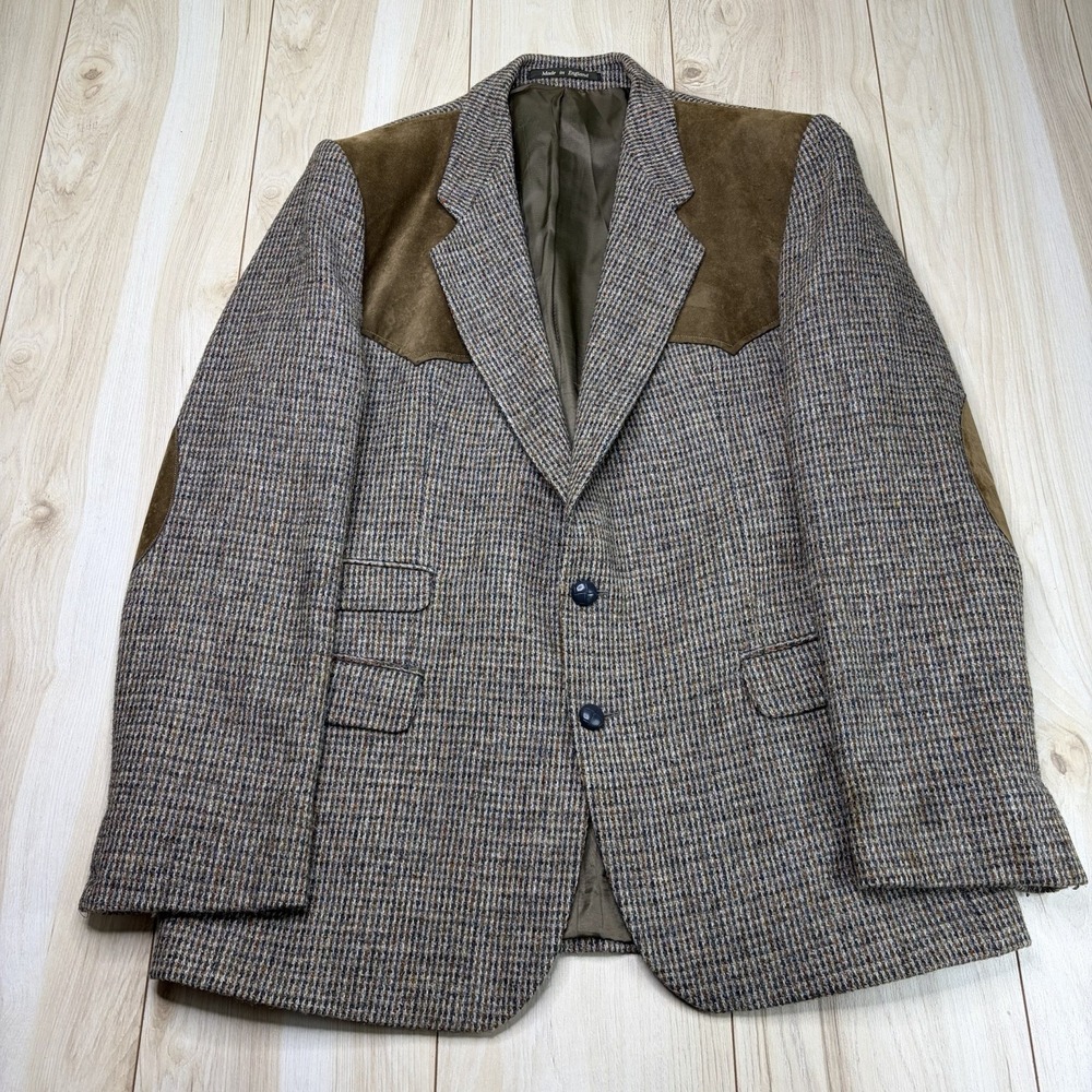 VTG Harris Tweed Western Sport Coat Leather Yoke Mens 42L Thick Wool England